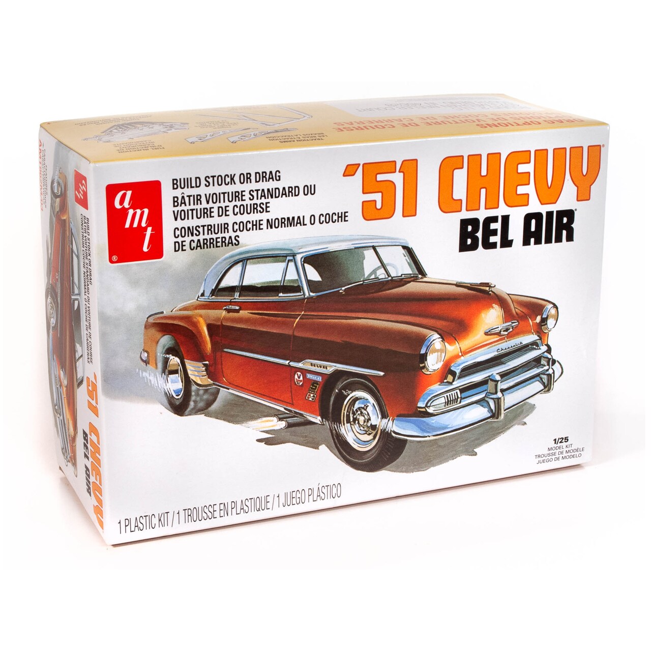 AMT: 1:25 Scale Model Kit - 1951 Chevy Bel Air - 2-In-1 Retro Deluxe Kit, Build Stock Or Drag, Unpainted, Skill Level 2, Replica Car Building, Age 14+